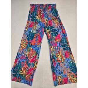Kona Sol Womens Tropical Floral Print Wide Leg Pants Small Elastic Smocked Waist